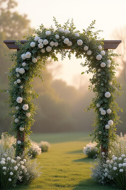 A rustic wedding arch adorned with white roses and eucalyptus.