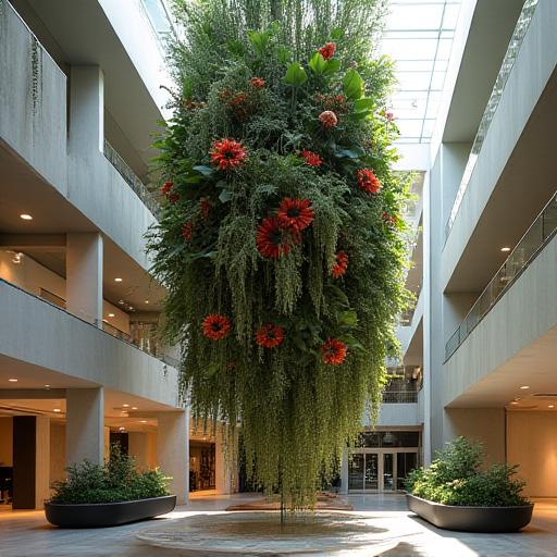 A large, dramatic botanical art installation hanging in a modern atrium.